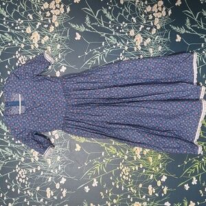 Vtg Praire Dress Blue Floral & White Lace Handmade
